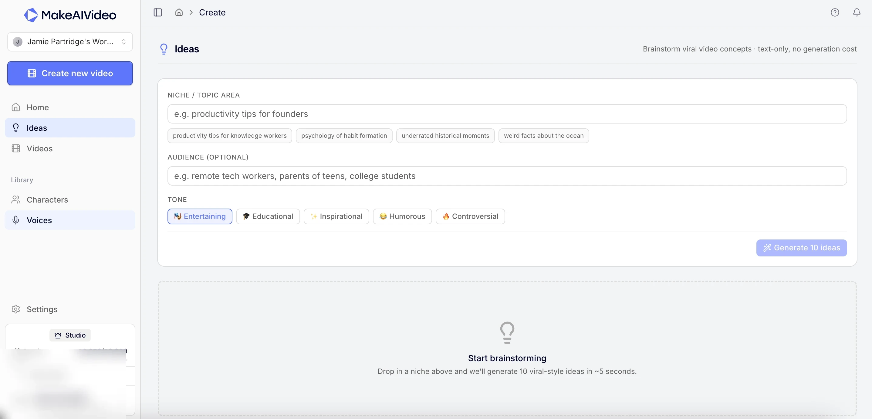 The MakeAIVideo Ideas tool: enter a niche and audience to brainstorm ten AI video concepts by tone