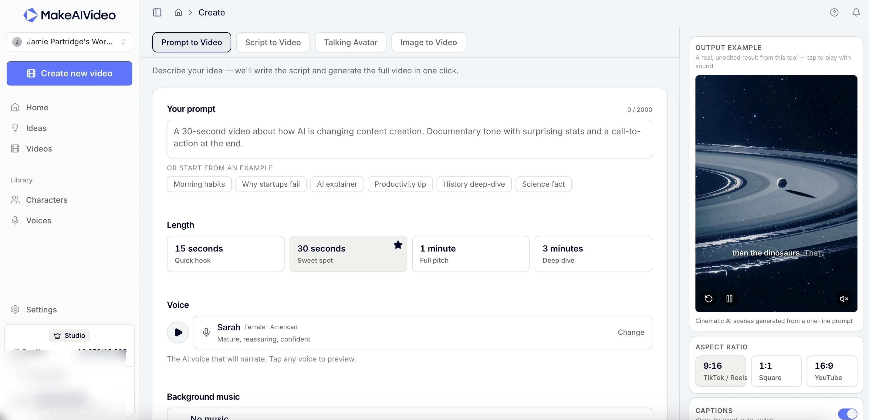 The MakeAIVideo create screen: a one-line prompt with style, length, and voice controls beside the generated video preview